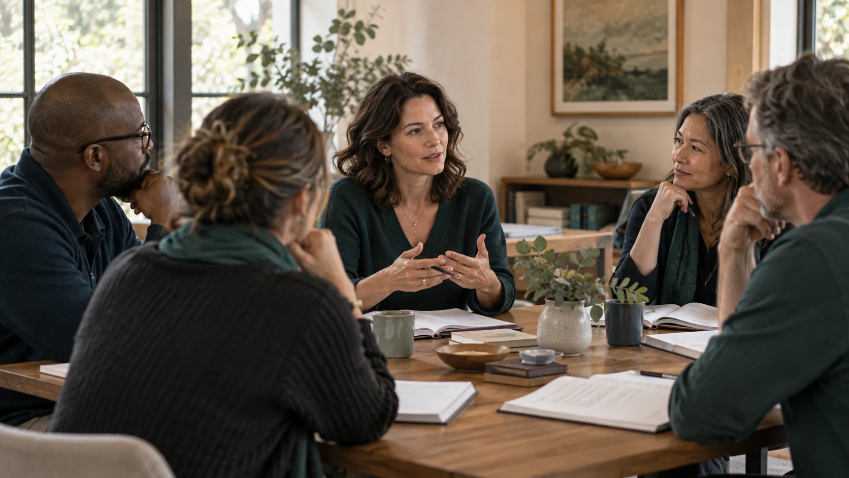 A small group of community support colleagues in conversation around a table