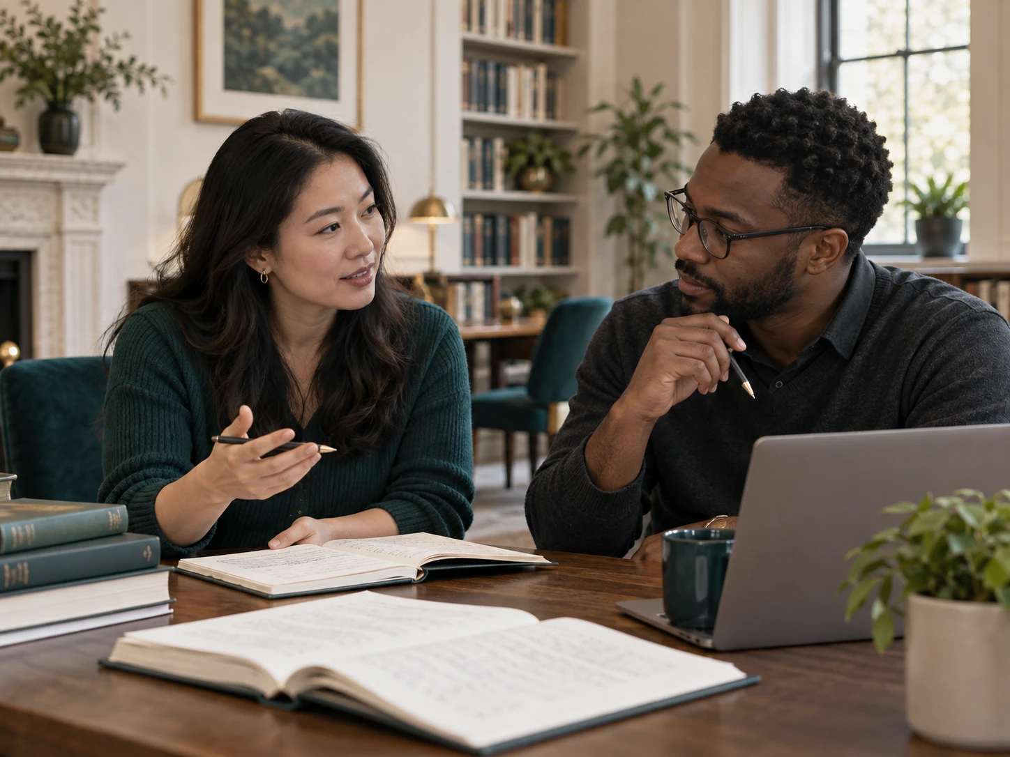 Two colleagues discussing practice in a library setting