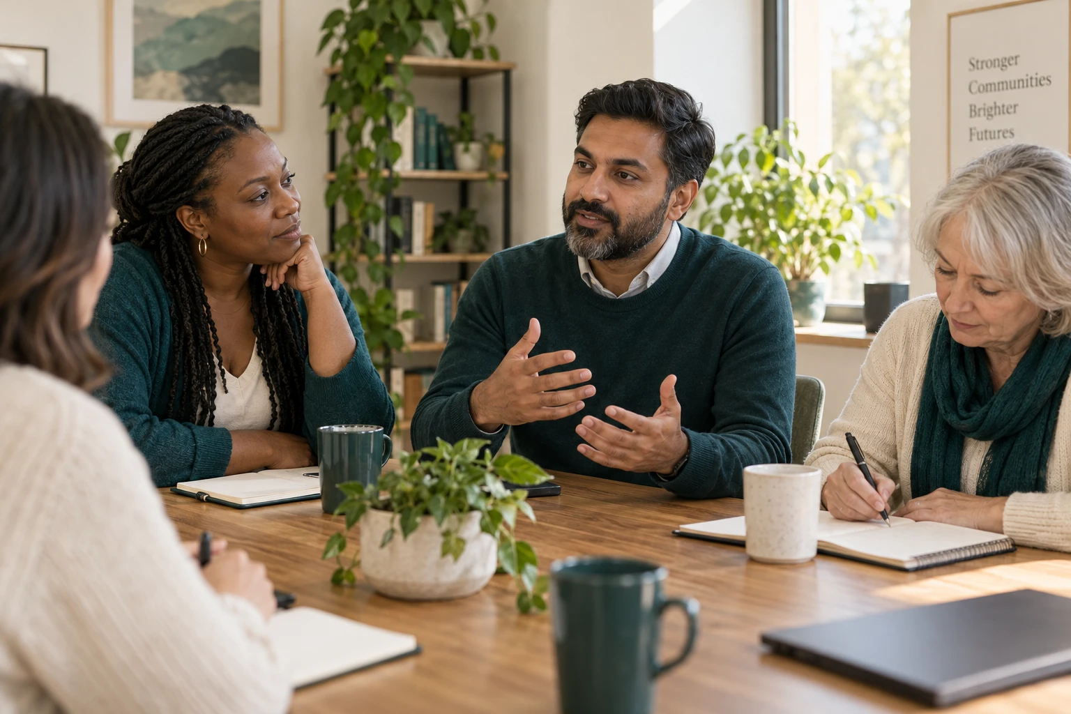 A team meeting around a table discussing workforce learning priorities